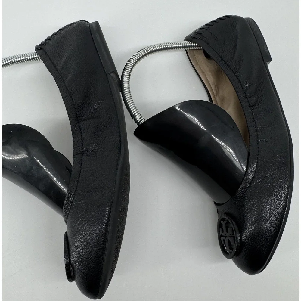 Tory Burch Reva Ballet Flats Black Leather Logo Medallion Women's 7.5 Classic